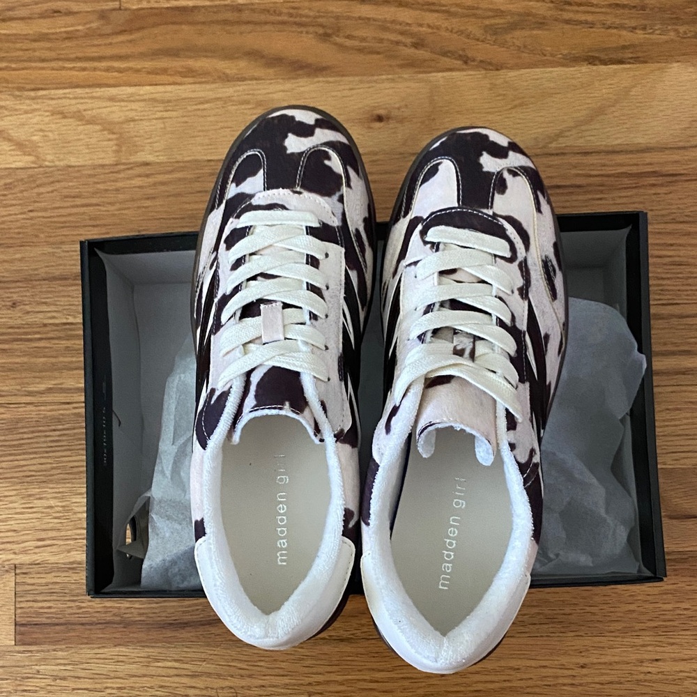 Madden Girl Cow-Print Lace-Up Sneakers - White & Dark Brown - Picture 3 of 8